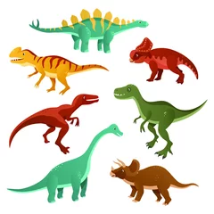Fototapete Dinosaurier Sammlung von Cartoon-Dinosauriern verschiedener Typen. Lustige Dinosaurier. Lustiges Tier des Jurazeitalters lokalisiert auf weißem Hintergrund. Vektorillustrationen