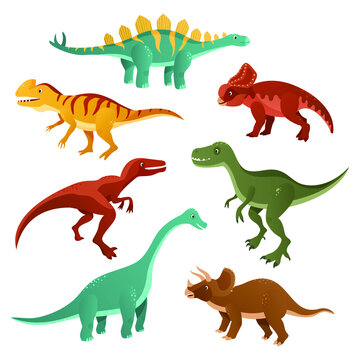 Collection of cartoon dinosaurs of different types. Funny dinosaurs. Funny animal of the Jurassic era isolated on white background. Vector illustrations
