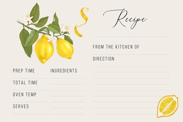Recipe card template with hand drawn lemons