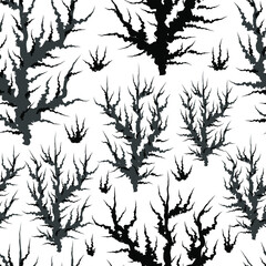 Grey and black bushes on a white background. Vector seamless pattern.