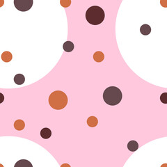 White, beige, maroon, purple circles on a pink background. Abstract vector seamless pattern.