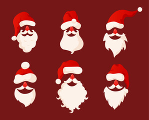 Collection of Santa Clauses faces isolated on red background. Santa Claus installed the hat and beard. Merry Christmas card. Vector illustration
