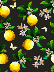 Lemon vector seamless pattern. Botanical summer illustration.