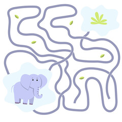 
help the elephant get to the 
bush of grass. Labyrinth. Educational game for preschool children, vector illustration in flat style