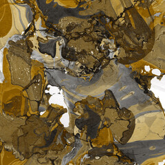 Gold luxury marble ink texture on watercolor paper background. Marble stone image. Bath bomb effect. Psychedelic biomorphic art.