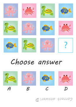 Logic game for kids, activity to children, task for the development of logical thinking and mind, cute cartoon marine animals