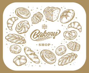 Card design with ink hand drawn baking illustration. Vintage template with bread and pastries doodle sketch.