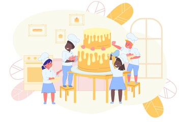 Kids Making Cake and Decorating Bakery or Pastry.