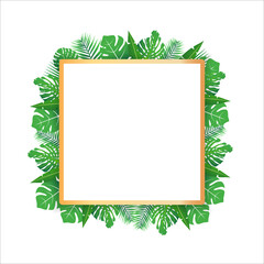 Tropical leaves around a white rectangle frame copy space. Bright abstract background for banner, flyer or cover with copy space for text or emblem