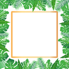 Tropical leaves around a diamond shape frame copy space. Bright abstract background for banner, flyer or cover with copy space for text or emblem