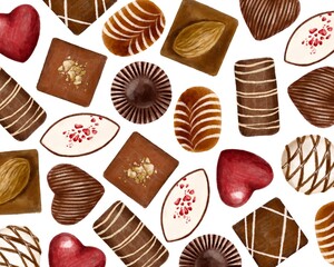 いろいろなチョコレートの水彩風イラスト背景イラスト素材