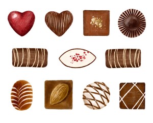 いろいろなチョコレートの水彩風イラストセット