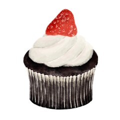 いちごのカップケーキ　水彩風イラスト