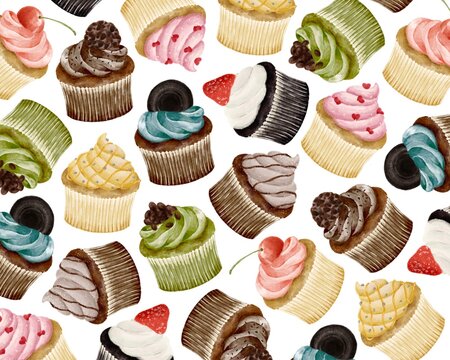 いろいろな種類のカップケーキが並んだ背景素材　水彩風イラスト