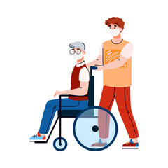 Volunteer in a medical mask led an elderly disabled person for walk, cartoon vector illustration on white background. Social worker and senior man on wheelchair.