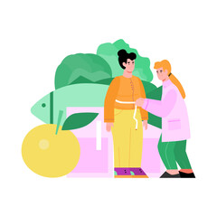 Nutritionist doctor examines a female patient, measuring her waist. Girl with excess weight consultation with nutritionist. Concept of healthy food diet and lifestyle. Vector.