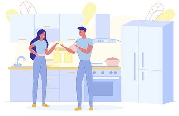 Couple Talking in Kitchen Interior, Furniture.