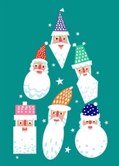 Hand drawn vector abstract fun cartoon Merry Christmas time illustration greeting card. A Christmas tree made of different shapes of Santa Claus heads. Bright colorful Christmas card.