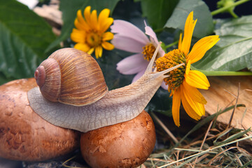 grape snail is actively crawling in nature. mollusc and invertebrate. delicacy meat and gourmet food.