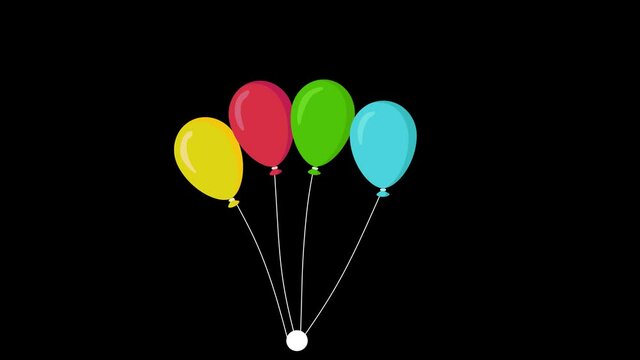 Animation of brightly colored balloons burst sharply into the frame with ropes. Party balloons helium colors floating tied,4k video animated with alpha channel. 