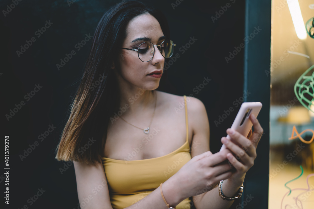 Poster millennial blogger typing text for sharing content publication in social networks using smartphone d