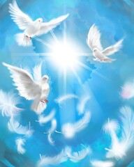 The flying three white doves around clouds leading to shining heaven and the background of beautiful blue sky and fluffy feathers	