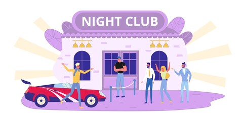 Sports Car Parking near Nightclub, Illustration.