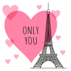 Fototapeta na wymiar The silhouette of the Eiffel tower on the background of pink hearts. Valentines day greeting card. Vector illustration.