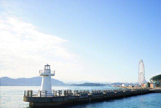 Lighthouse and Shimonoseki Karato Port pier, Harbor of Karato in Shimonoseki, Yamaguchi, Japan - 日本 山口県 下関 唐戸港 灯台