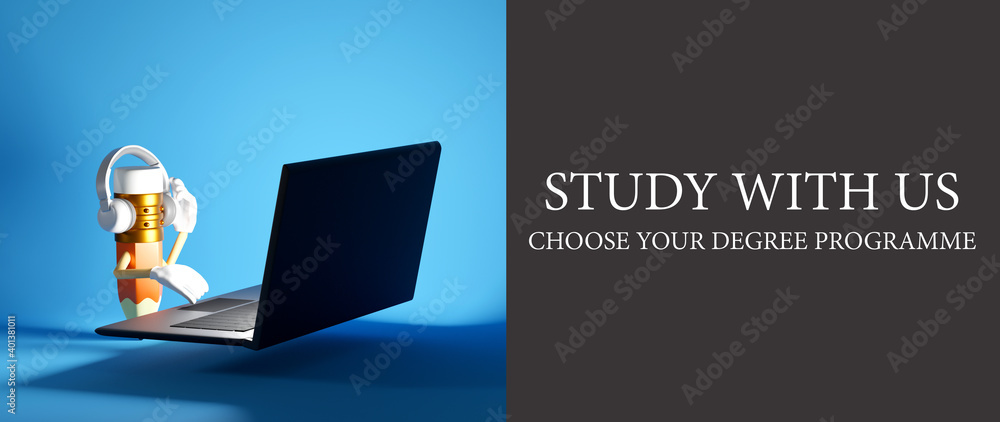 Aufkleber digital online education. 3d render of computer. application learning on phone, mobile website backg
