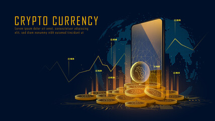 Bitcoin cryptocurrency with pile of coins come out from smartphone, Vector illustrator