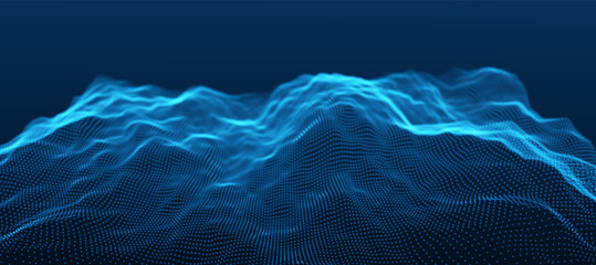 Blue particles wave background. Abstract dynamic mesh. Big data technology. Vector grid illustration.
