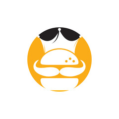 Burger king vector logo design. Burger with crown and mustache icon logo concept.