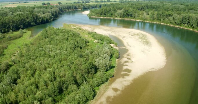 Aerial photo of the free-flowing  Drava River with natural banks and gravel bars