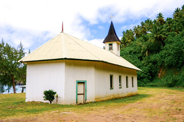 French Polynesia, Marquesas, Hiva Oa Island. Church Sacre Coeur in Puamau.