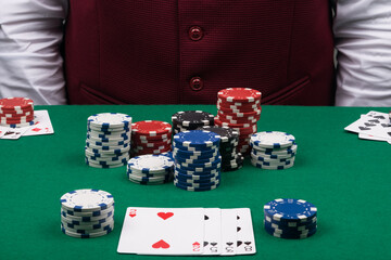 set for playing poker on the table in front of the dealer