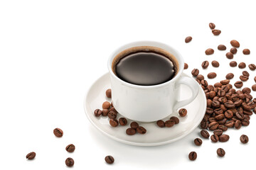 White cup with black coffee on a saucer with scattered coffee beans on a white background. Copy space.