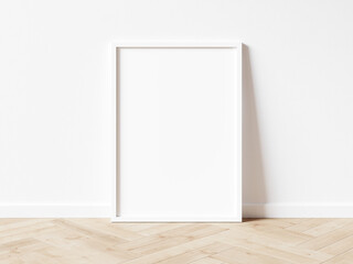 Blank white vertically oriented rectangular exhibition background standing on wooden parquet floor leaning on white wall. 3D illustration. - obrazy, fototapety, plakaty