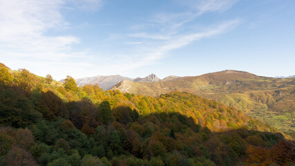 Long mountain range in Pyrenee with five color autumn trees in foreground, France