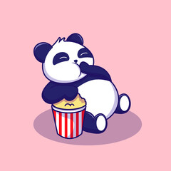 Cute panda fluffy eating pocorn cartoon vector illustration 