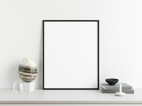 Indoors 3D Illustration Of Blank White Rectangular Picture Frame With Thin Black Border Standing On Light Shelf.