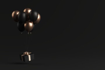 Bunch of black and gold party balloons lifting gift box against dark gray background. 3D illustration. Black Friday advertising concept.