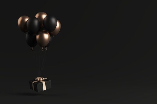 Bunch Of Black And Gold Party Balloons Lifting Gift Box Against Dark Gray Background. 3D Illustration. Black Friday Advertising Concept.