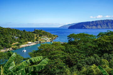 French Polynesia, Marquesas, Hiva Oa Island, view on the Takauku Bay.