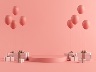 Several gift boxes laying around empty round pedestal. Party balloons above boxes. Pink color theme 3D illustration. Celebration birthday or anniversary concept.