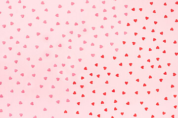 Colorful Sainte Valentines Day pattern background.Pink and red Valentines Day heart shaped candy.Flat lay, top view hearts texture. Love amd  mother's day  concept.