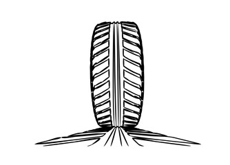 Car tire with tire marks on a white background. Hand-drawn design