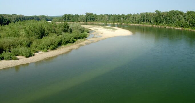 Aerial photo of the free-flowing  Drava River with natural banks and gravel bars