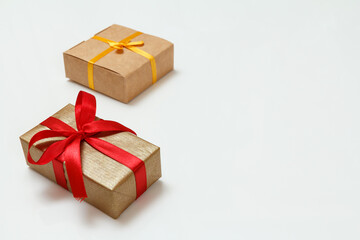 Gift boxes with ribbons on white background.