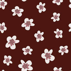 Abstract flora seamless pattern with hand drawn flowers silhouettes. Maroon background.